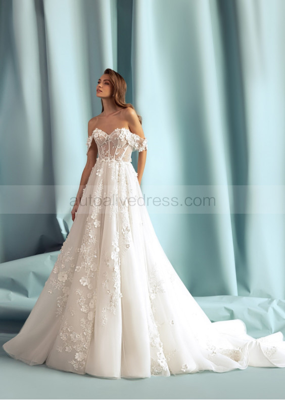 Off Shoulder Beaded Ivory Lace Tulle Floral Wedding Dress